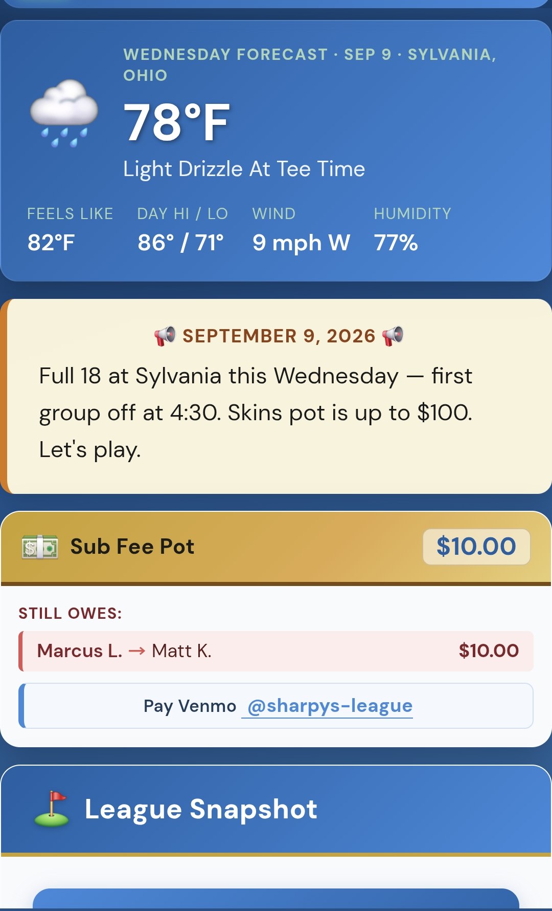 League dashboard