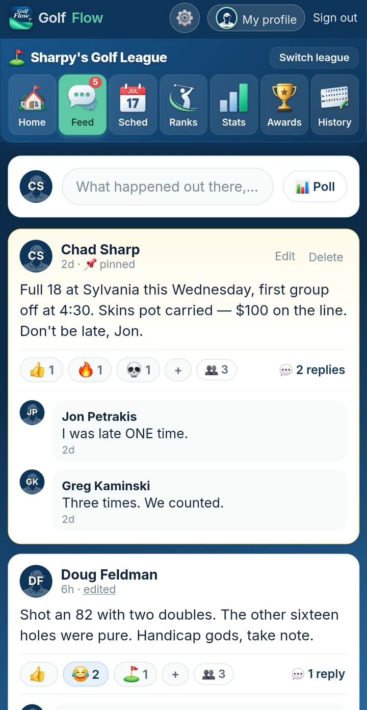 League feed with reactions, replies and polls