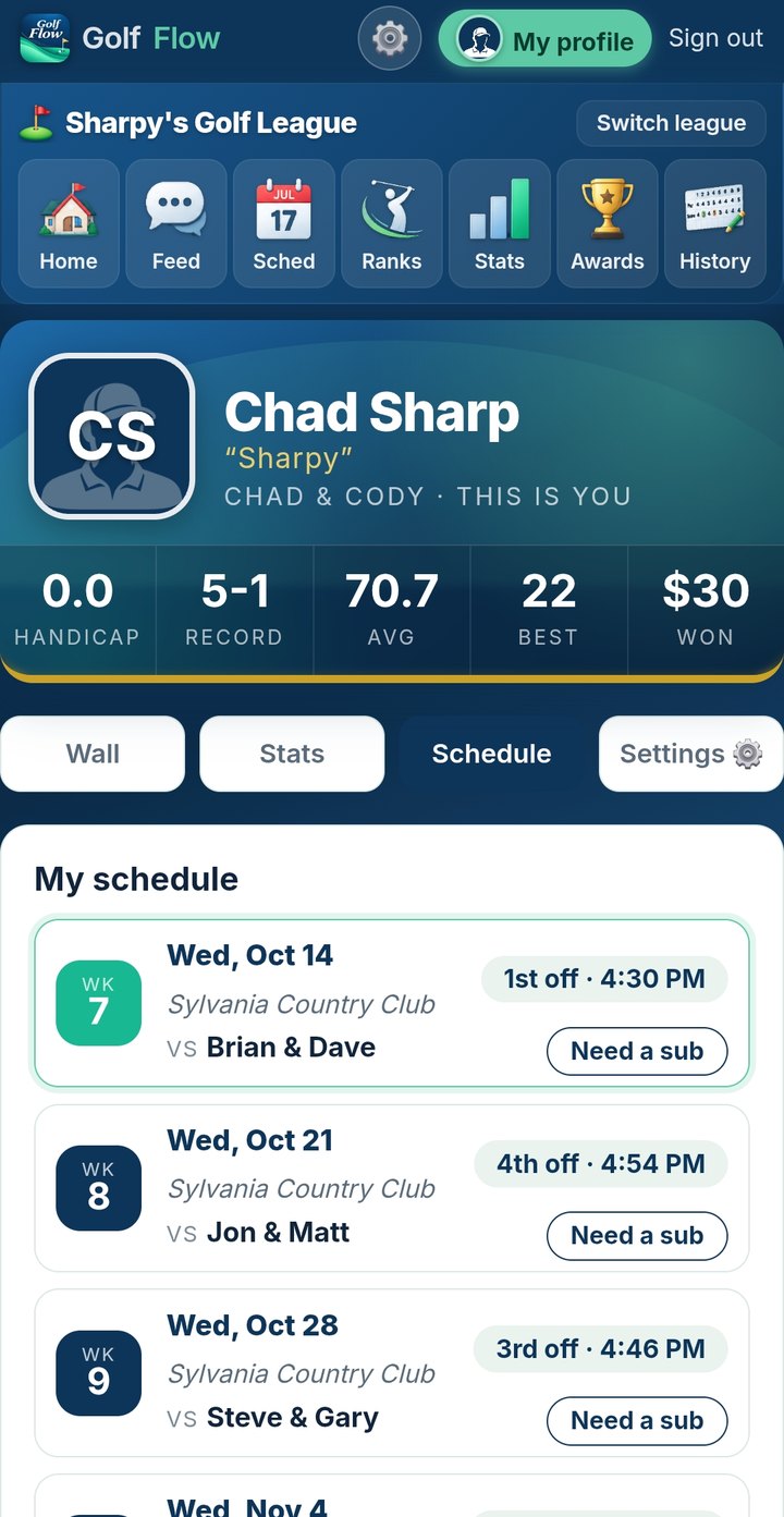 Player profile with my schedule and need-a-sub
